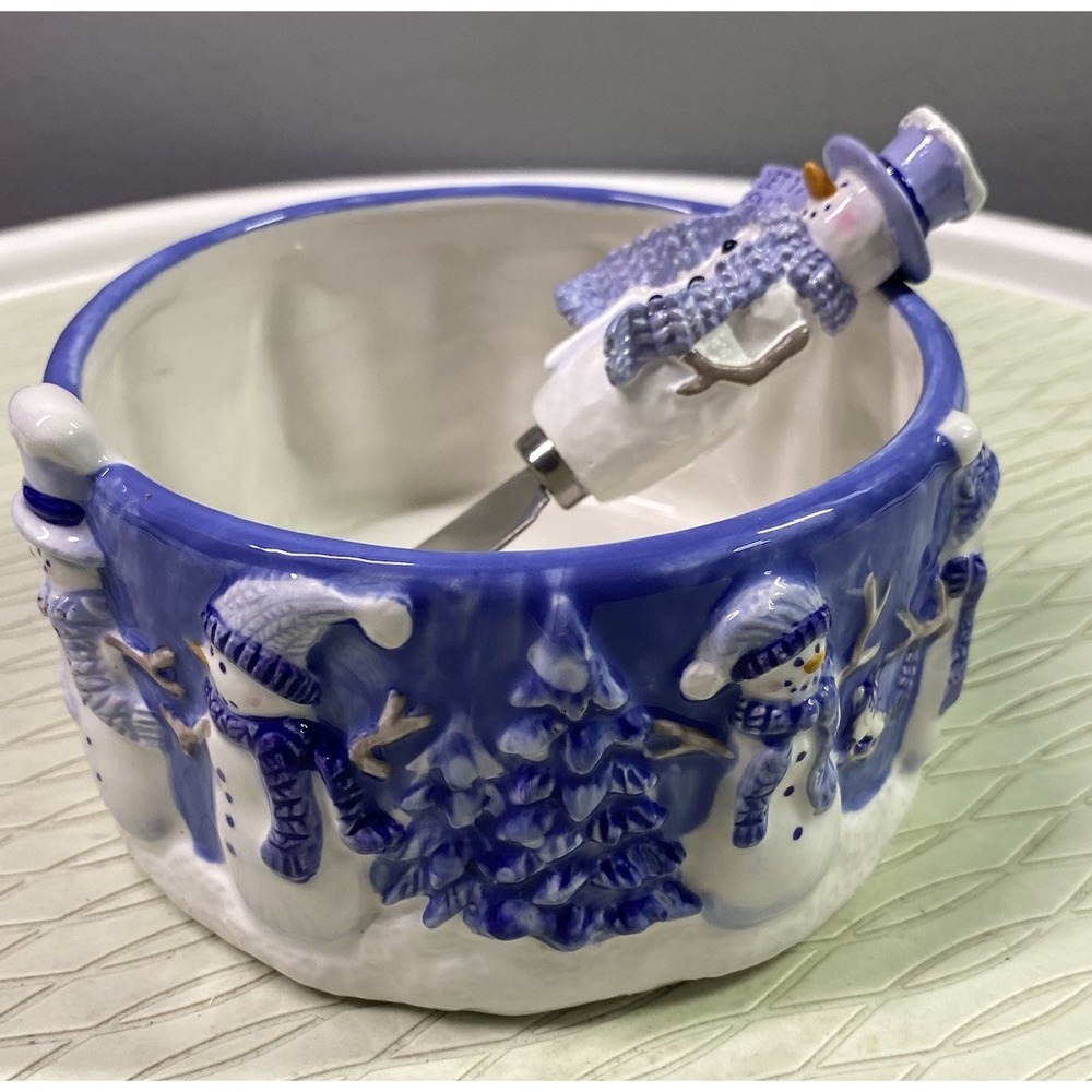 Sonoma Life + Style Snowman Dip Bowl W/snowman Spreader Blue& White 2.5x4.5" EUC - Picture 2 of 8